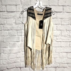 Relish Noless Beige Sleeveless Cotton Vest Top with Fringe Faux Leather NWT sz S